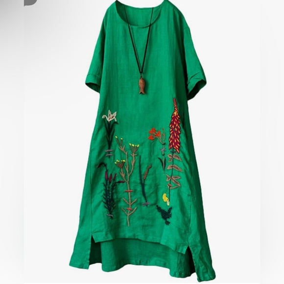 Minibee Lagenlook Embroidered Linen Blend High Low Dress Sz L Green Pockets Art - Picture 1 of 11